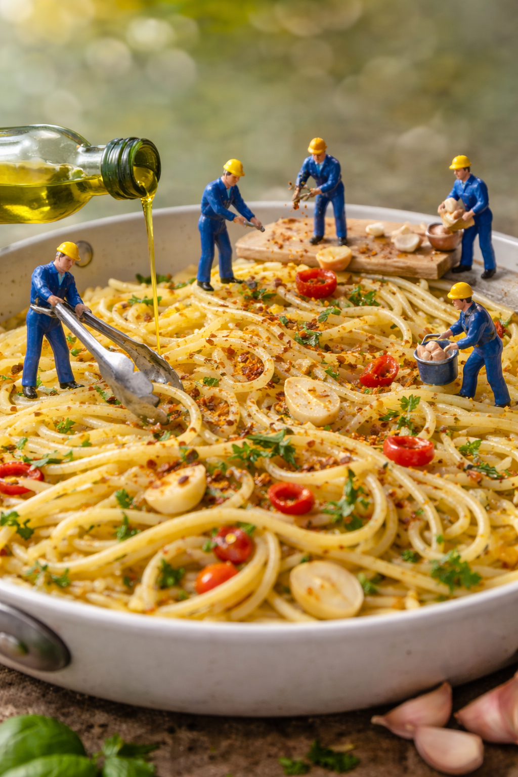 Spaghetti aglio olio with tiny crew with tongs