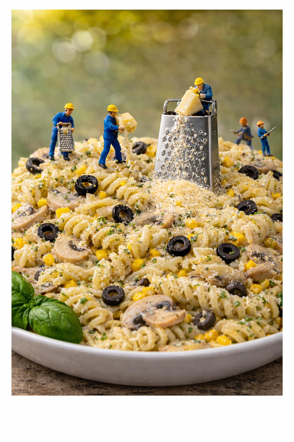 Fusilli alfredo with tiny crew on a parmesan mountain
