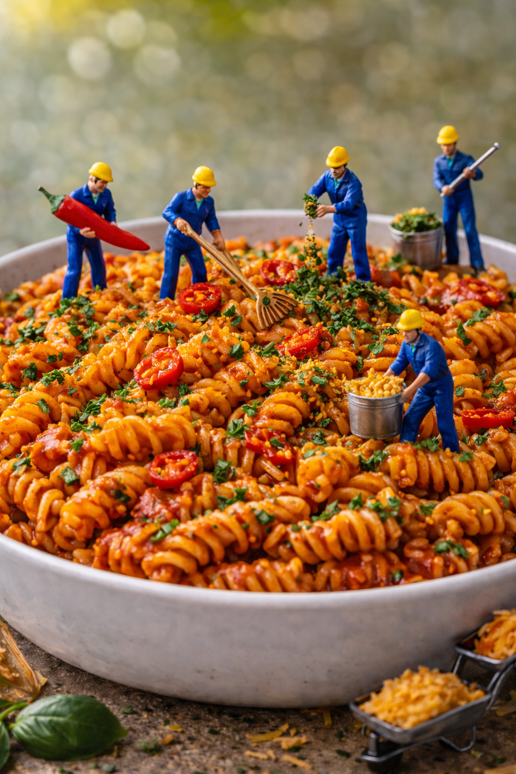 Fusilli arrabbiata with tiny crew raking chilli
