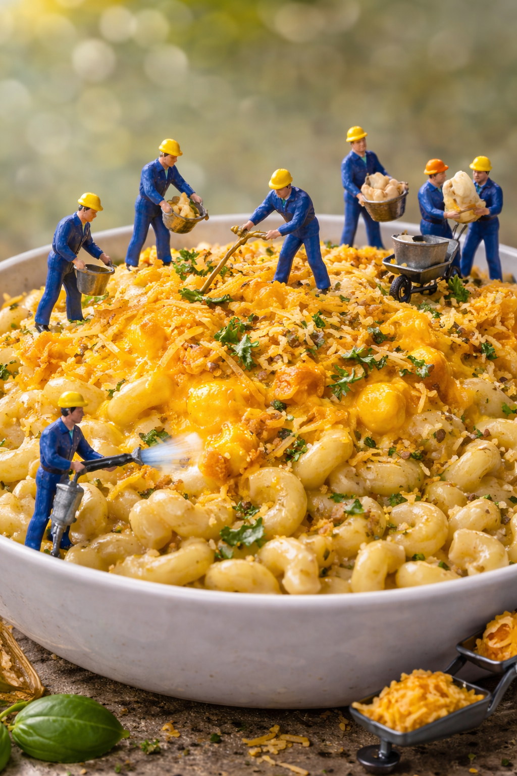 Torched mac and cheese with tiny crew operating blowtorch