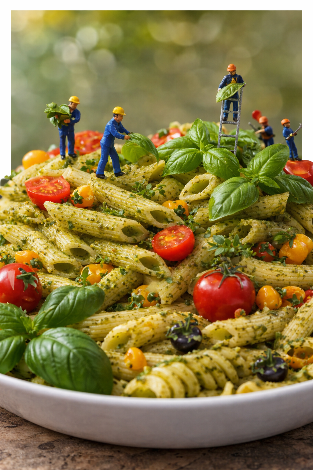 Pesto Penne with tiny crew harvesting basil