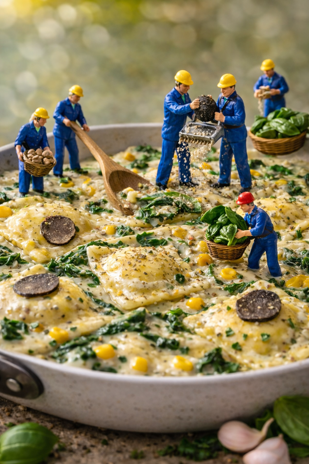 Spinach ricotta ravioli with tiny crew grating truffle